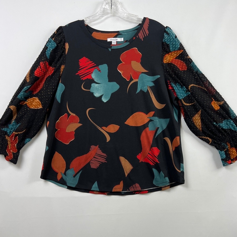Chico's 2 Mixed Media Top Womens L Black Floral Clip Dot Balloon Sleeve Blouse